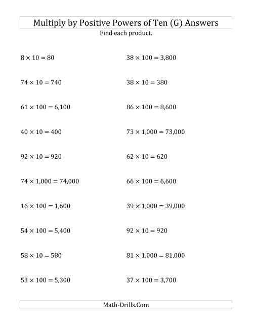 The Multiplying Whole Numbers by Positive Powers of Ten (Standard Form) (G) Math Worksheet Page 2