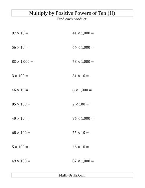 The Multiplying Whole Numbers by Positive Powers of Ten (Standard Form) (H) Math Worksheet