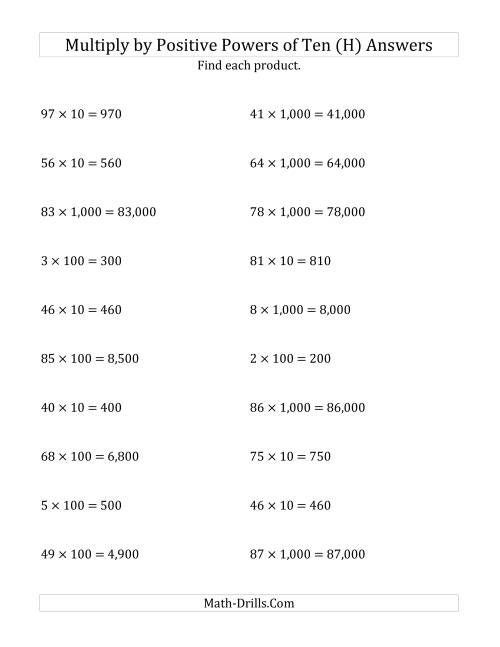 The Multiplying Whole Numbers by Positive Powers of Ten (Standard Form) (H) Math Worksheet Page 2