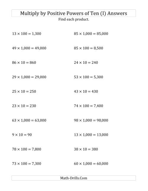 The Multiplying Whole Numbers by Positive Powers of Ten (Standard Form) (I) Math Worksheet Page 2