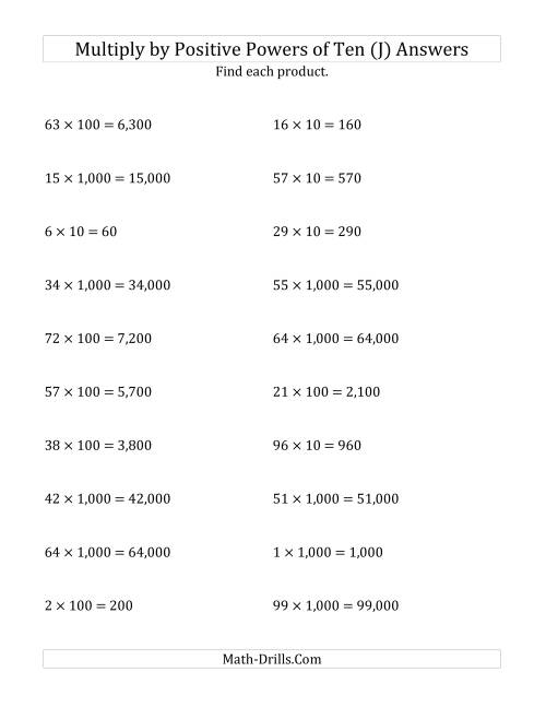 The Multiplying Whole Numbers by Positive Powers of Ten (Standard Form) (J) Math Worksheet Page 2
