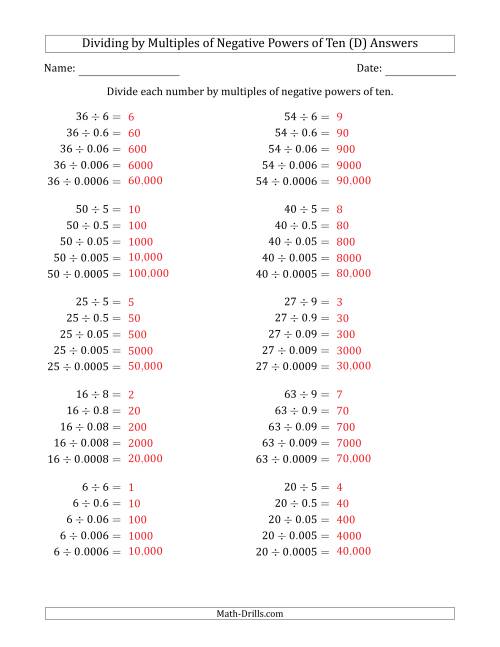 The Learning to Divide Numbers (Quotients Range 1 to 10) by Multiples of Negative Powers of Ten in Standard Form (D) Math Worksheet Page 2