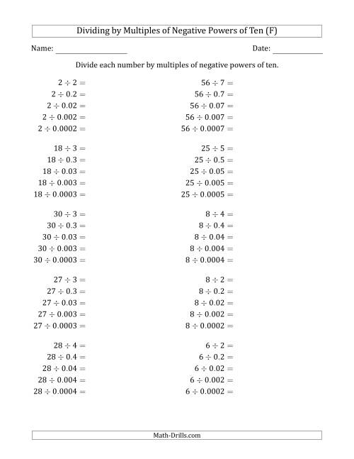 The Learning to Divide Numbers (Quotients Range 1 to 10) by Multiples of Negative Powers of Ten in Standard Form (F) Math Worksheet