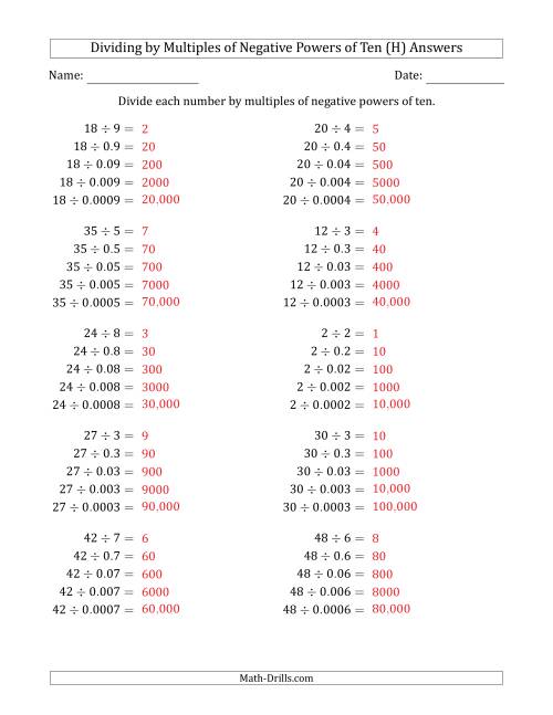 The Learning to Divide Numbers (Quotients Range 1 to 10) by Multiples of Negative Powers of Ten in Standard Form (H) Math Worksheet Page 2