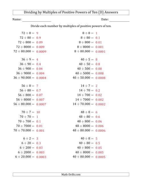 The Learning to Divide Numbers (Quotients Range 1 to 10) by Multiples of Positive Powers of Ten in Standard Form (D) Math Worksheet Page 2