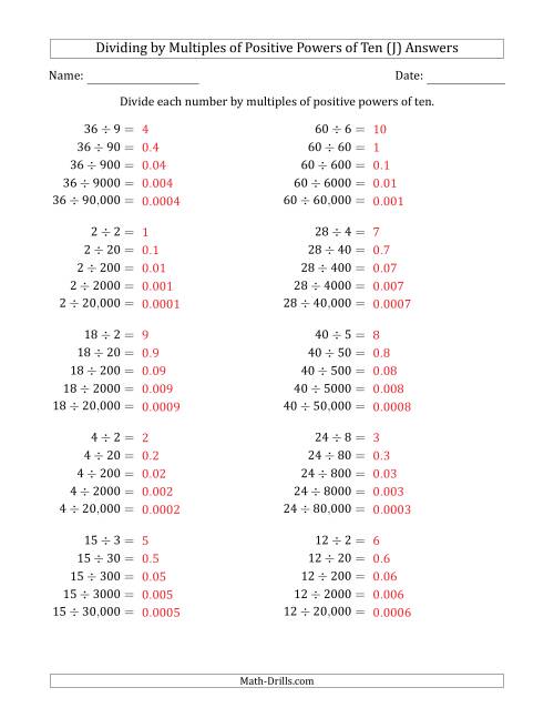 The Learning to Divide Numbers (Quotients Range 1 to 10) by Multiples of Positive Powers of Ten in Standard Form (J) Math Worksheet Page 2