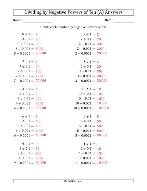 The Learning to Divide Numbers (Range 1 to 10) by Negative Powers of Ten in Standard Form (A) Math Worksheet Page 2