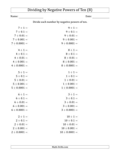 The Learning to Divide Numbers (Range 1 to 10) by Negative Powers of Ten in Standard Form (B) Math Worksheet