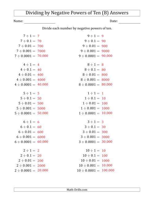 The Learning to Divide Numbers (Range 1 to 10) by Negative Powers of Ten in Standard Form (B) Math Worksheet Page 2