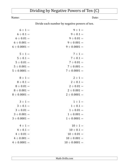 The Learning to Divide Numbers (Range 1 to 10) by Negative Powers of Ten in Standard Form (C) Math Worksheet