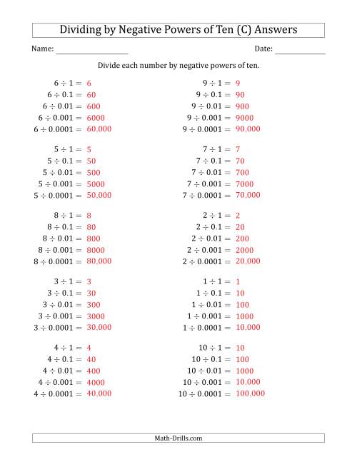 The Learning to Divide Numbers (Range 1 to 10) by Negative Powers of Ten in Standard Form (C) Math Worksheet Page 2