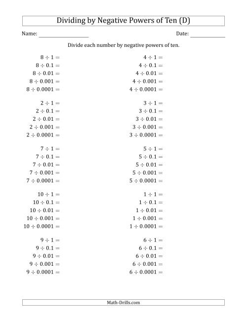 The Learning to Divide Numbers (Range 1 to 10) by Negative Powers of Ten in Standard Form (D) Math Worksheet