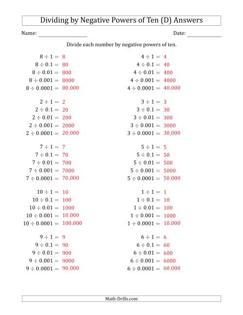 The Learning to Divide Numbers (Range 1 to 10) by Negative Powers of Ten in Standard Form (D) Math Worksheet Page 2