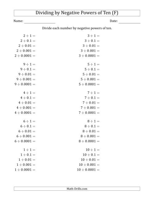 The Learning to Divide Numbers (Range 1 to 10) by Negative Powers of Ten in Standard Form (F) Math Worksheet