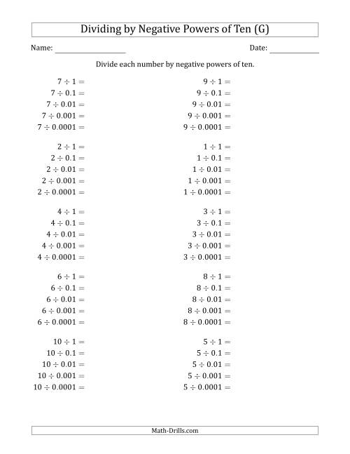The Learning to Divide Numbers (Range 1 to 10) by Negative Powers of Ten in Standard Form (G) Math Worksheet