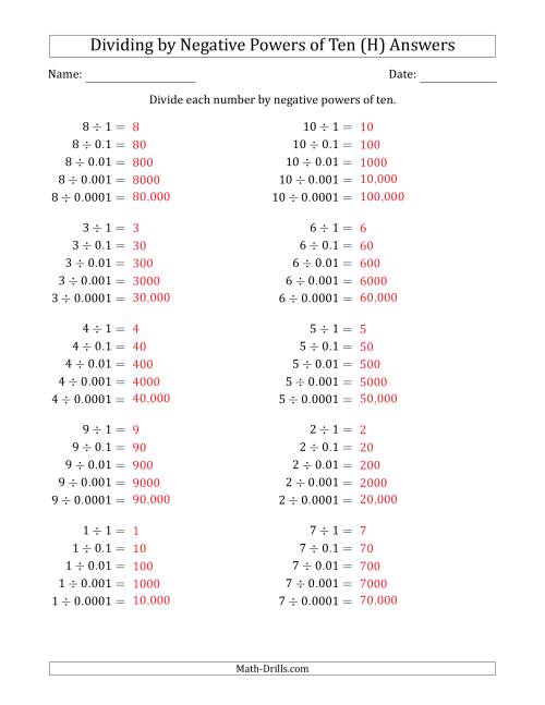 The Learning to Divide Numbers (Range 1 to 10) by Negative Powers of Ten in Standard Form (H) Math Worksheet Page 2