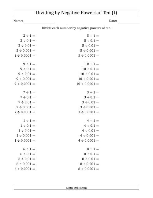 The Learning to Divide Numbers (Range 1 to 10) by Negative Powers of Ten in Standard Form (I) Math Worksheet