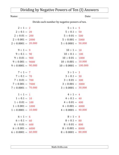The Learning to Divide Numbers (Range 1 to 10) by Negative Powers of Ten in Standard Form (I) Math Worksheet Page 2