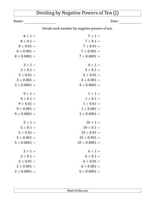 The Learning to Divide Numbers (Range 1 to 10) by Negative Powers of Ten in Standard Form (J) Math Worksheet
