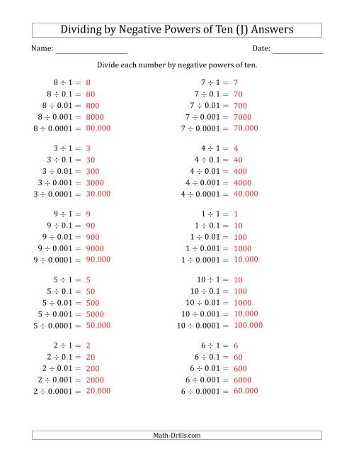 The Learning to Divide Numbers (Range 1 to 10) by Negative Powers of Ten in Standard Form (J) Math Worksheet Page 2