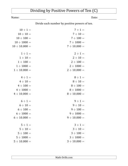 The Learning to Divide Numbers (Range 1 to 10) by Positive Powers of Ten in Standard Form (C) Math Worksheet