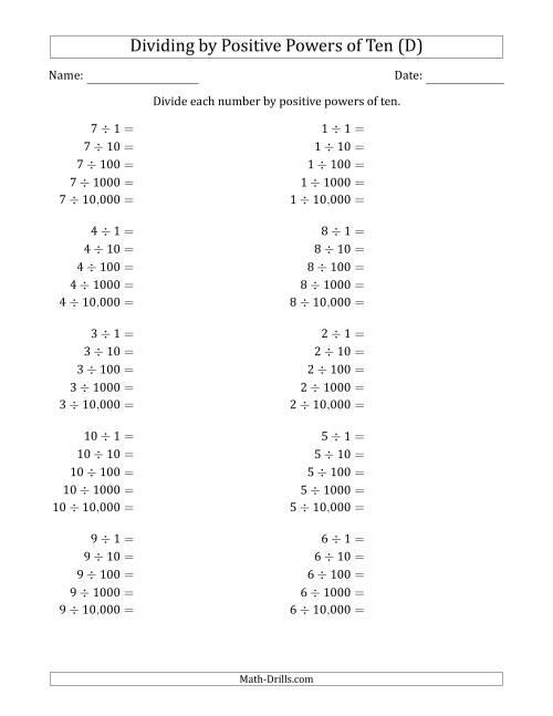 The Learning to Divide Numbers (Range 1 to 10) by Positive Powers of Ten in Standard Form (D) Math Worksheet