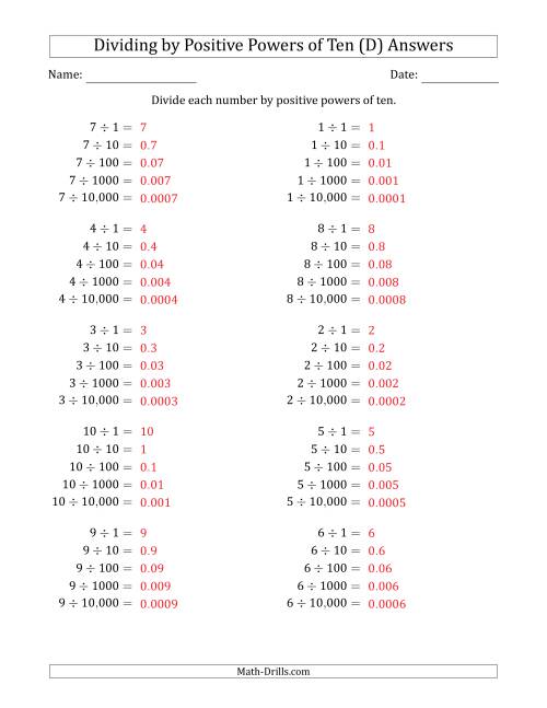 The Learning to Divide Numbers (Range 1 to 10) by Positive Powers of Ten in Standard Form (D) Math Worksheet Page 2