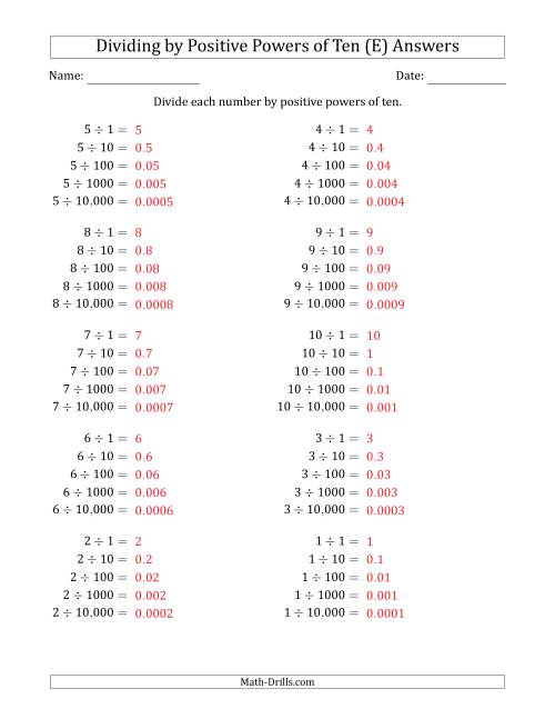 The Learning to Divide Numbers (Range 1 to 10) by Positive Powers of Ten in Standard Form (E) Math Worksheet Page 2