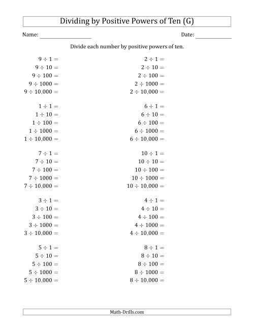 The Learning to Divide Numbers (Range 1 to 10) by Positive Powers of Ten in Standard Form (G) Math Worksheet