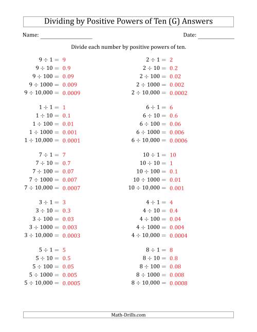 The Learning to Divide Numbers (Range 1 to 10) by Positive Powers of Ten in Standard Form (G) Math Worksheet Page 2