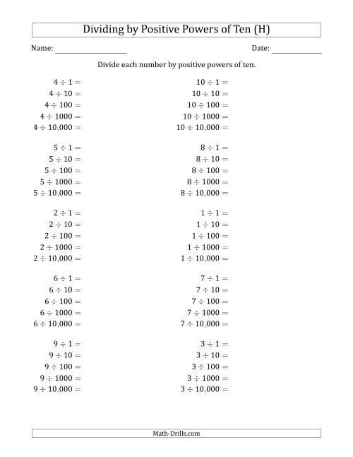 The Learning to Divide Numbers (Range 1 to 10) by Positive Powers of Ten in Standard Form (H) Math Worksheet