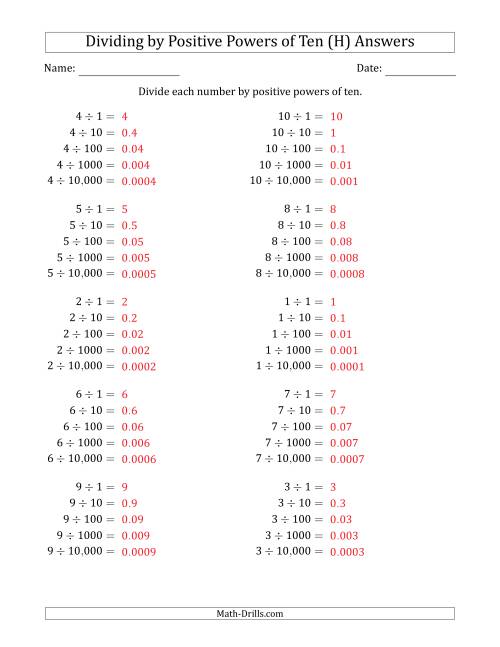 The Learning to Divide Numbers (Range 1 to 10) by Positive Powers of Ten in Standard Form (H) Math Worksheet Page 2
