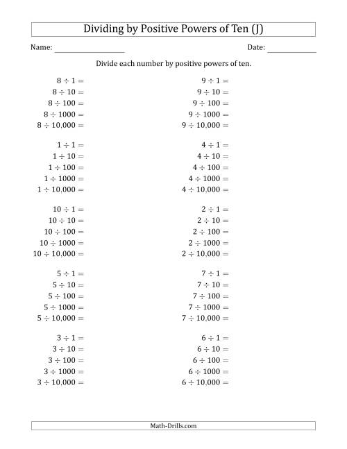 The Learning to Divide Numbers (Range 1 to 10) by Positive Powers of Ten in Standard Form (J) Math Worksheet