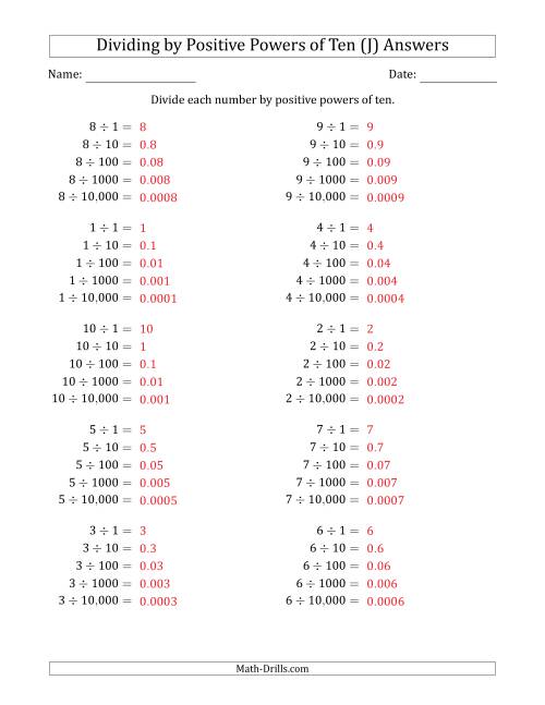 The Learning to Divide Numbers (Range 1 to 10) by Positive Powers of Ten in Standard Form (J) Math Worksheet Page 2