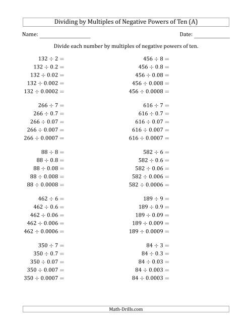 The Learning to Divide Numbers (Quotients Range 10 to 99) by Multiples of Negative Powers of Ten in Standard Form (A) Math Worksheet