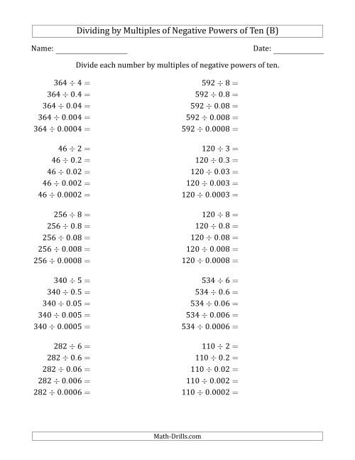 The Learning to Divide Numbers (Quotients Range 10 to 99) by Multiples of Negative Powers of Ten in Standard Form (B) Math Worksheet