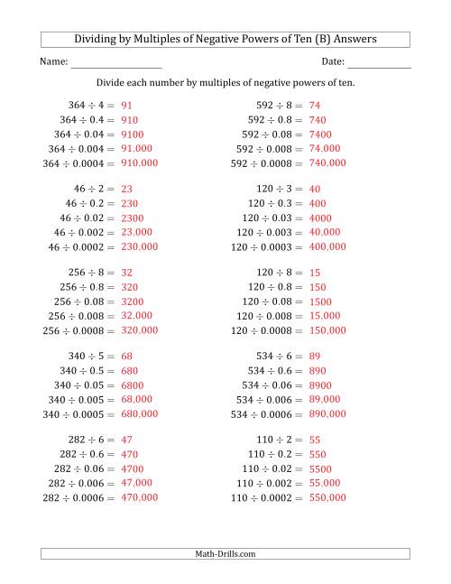 The Learning to Divide Numbers (Quotients Range 10 to 99) by Multiples of Negative Powers of Ten in Standard Form (B) Math Worksheet Page 2