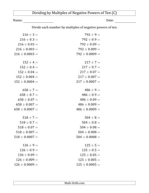 The Learning to Divide Numbers (Quotients Range 10 to 99) by Multiples of Negative Powers of Ten in Standard Form (C) Math Worksheet
