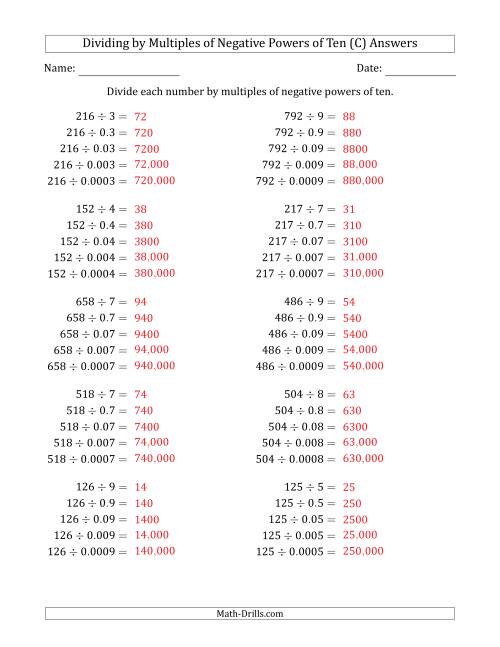The Learning to Divide Numbers (Quotients Range 10 to 99) by Multiples of Negative Powers of Ten in Standard Form (C) Math Worksheet Page 2