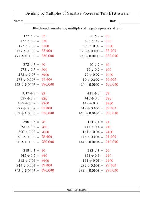 The Learning to Divide Numbers (Quotients Range 10 to 99) by Multiples of Negative Powers of Ten in Standard Form (D) Math Worksheet Page 2