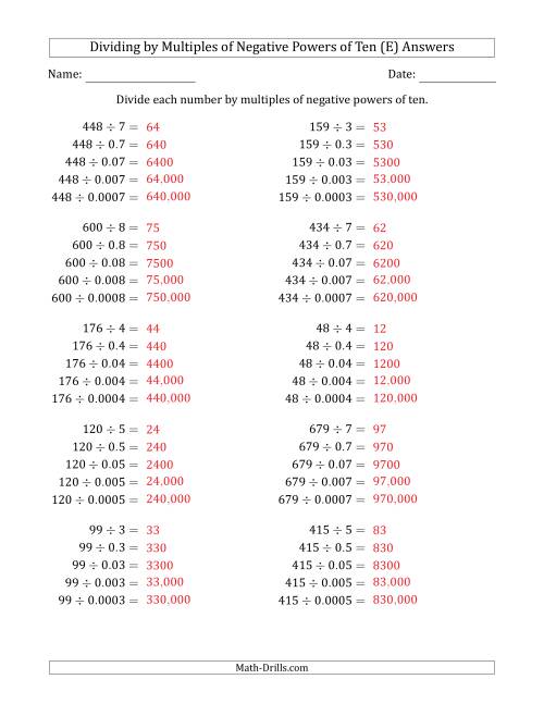 The Learning to Divide Numbers (Quotients Range 10 to 99) by Multiples of Negative Powers of Ten in Standard Form (E) Math Worksheet Page 2