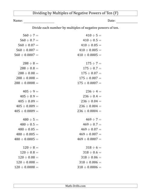 The Learning to Divide Numbers (Quotients Range 10 to 99) by Multiples of Negative Powers of Ten in Standard Form (F) Math Worksheet