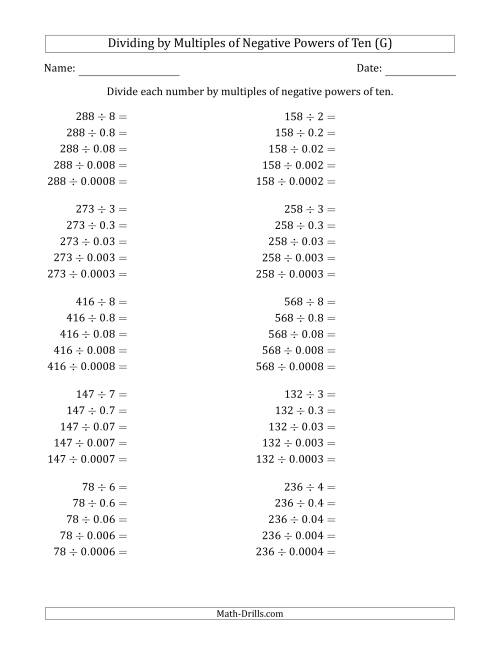 The Learning to Divide Numbers (Quotients Range 10 to 99) by Multiples of Negative Powers of Ten in Standard Form (G) Math Worksheet