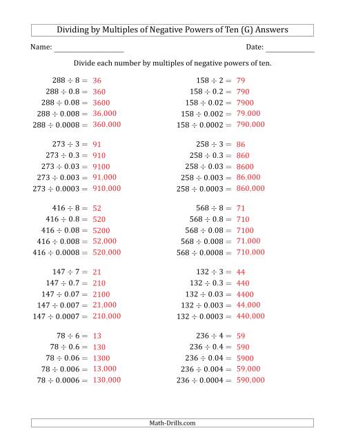 The Learning to Divide Numbers (Quotients Range 10 to 99) by Multiples of Negative Powers of Ten in Standard Form (G) Math Worksheet Page 2