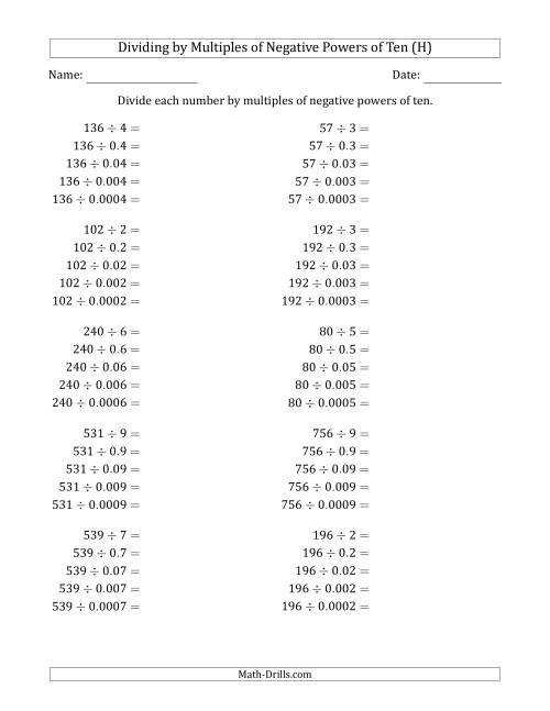 The Learning to Divide Numbers (Quotients Range 10 to 99) by Multiples of Negative Powers of Ten in Standard Form (H) Math Worksheet