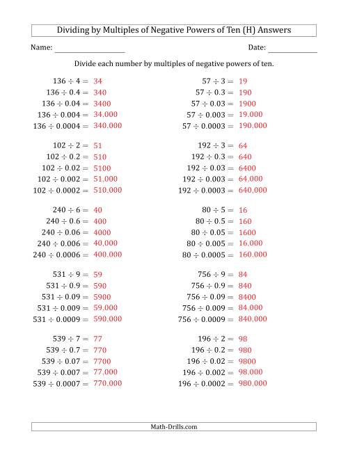 The Learning to Divide Numbers (Quotients Range 10 to 99) by Multiples of Negative Powers of Ten in Standard Form (H) Math Worksheet Page 2