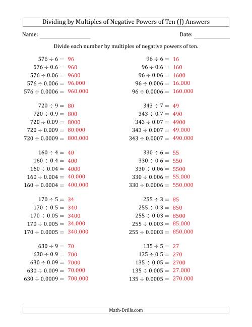The Learning to Divide Numbers (Quotients Range 10 to 99) by Multiples of Negative Powers of Ten in Standard Form (J) Math Worksheet Page 2