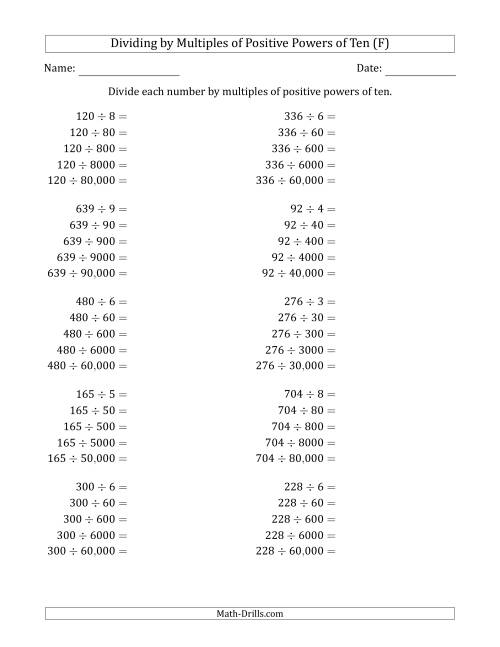 The Learning to Divide Numbers (Quotients Range 10 to 99) by Multiples of Positive Powers of Ten in Standard Form (F) Math Worksheet