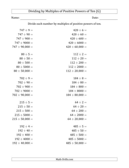 The Learning to Divide Numbers (Quotients Range 10 to 99) by Multiples of Positive Powers of Ten in Standard Form (G) Math Worksheet