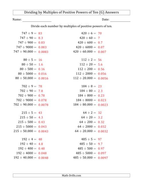 The Learning to Divide Numbers (Quotients Range 10 to 99) by Multiples of Positive Powers of Ten in Standard Form (G) Math Worksheet Page 2